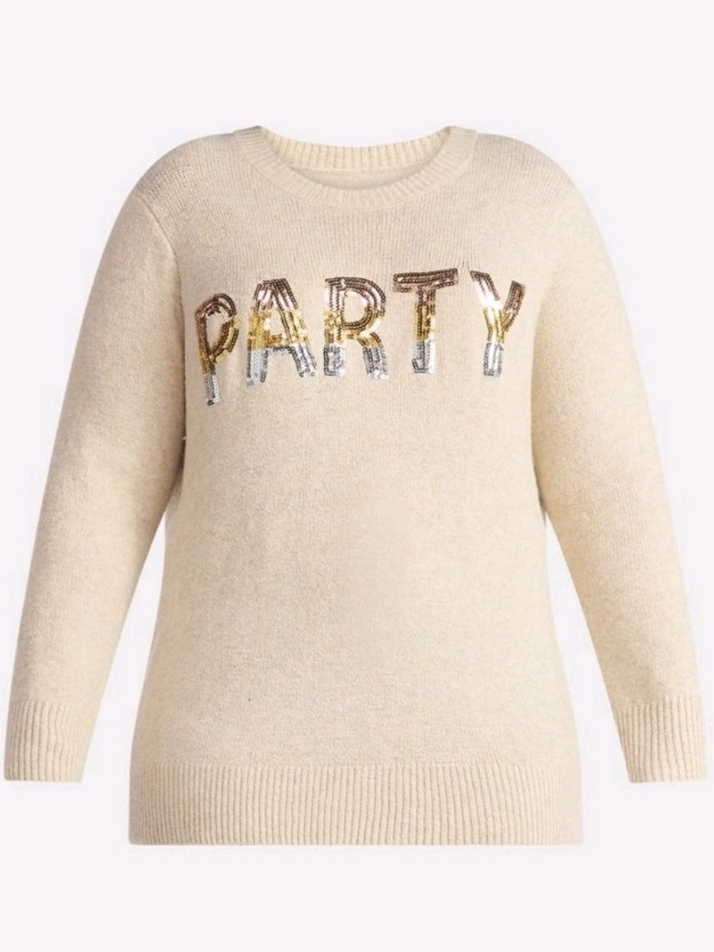 Terra & Sky Women's Plus Size 4X Cream Sequin "PARTY" Crewneck Sweater